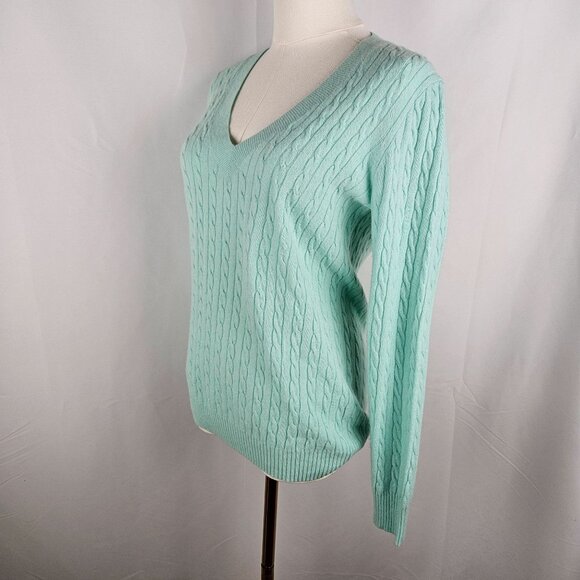 J. Crew V-Neck Sweater Sz Medium Mint Cable Knit Wool Cashmere Blend - Picture 3 of 10